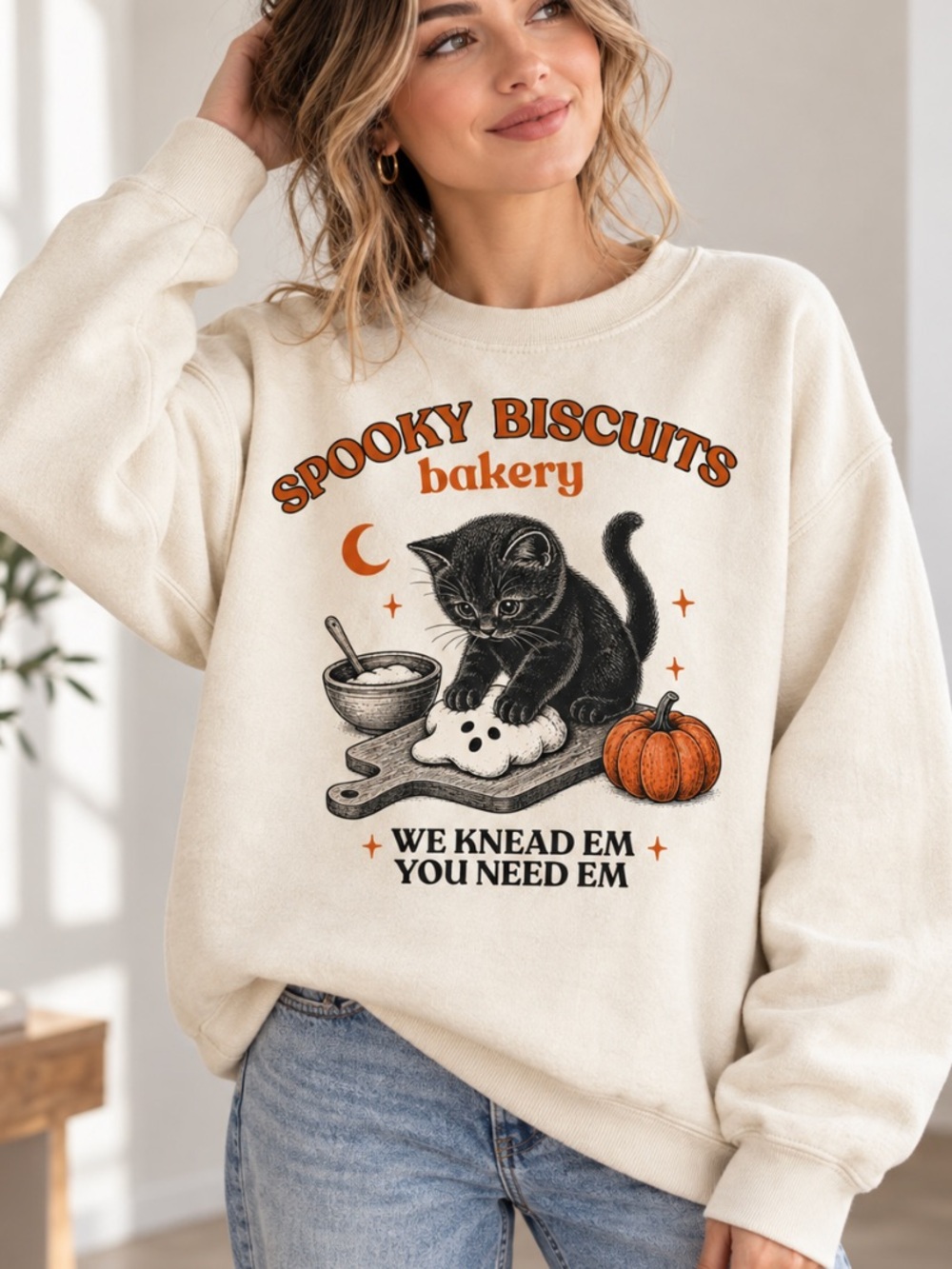 Kitty Biscuits Pumpkin Sweatshirt Spooky Season Sweater Black Cat Halloween Fall